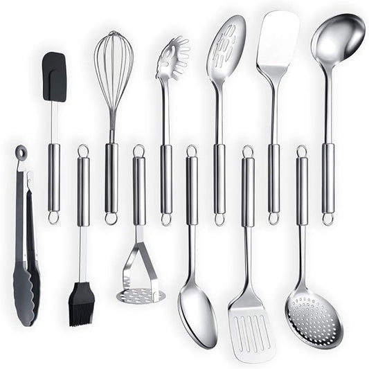 Berglander Cooking Utensil Set 12 Piece Stainless Steel Kitchen Tool Set, Include Cooking Spoon, Spatula, Whisk, Cooking Tong and etc (12 Pieces) by Berglander