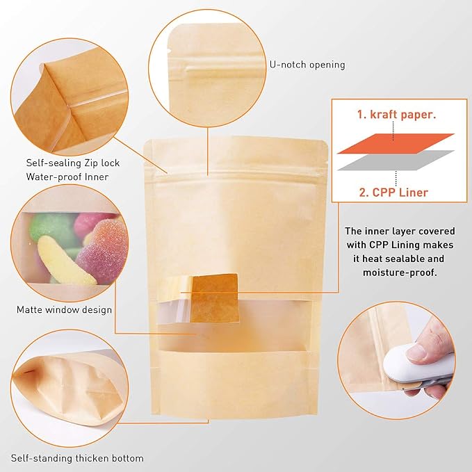 Kraft Stand Up bags 100 Pcs,Brown Resealable with Window for Home or Business,Coffee,Food Storage Sealable Bags for Packaging(7.1×10.2) - Image 2