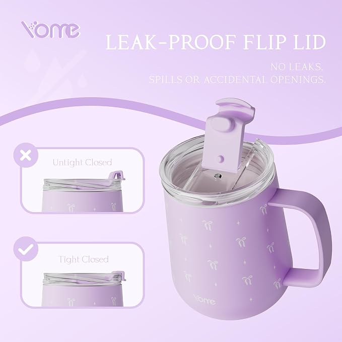 YOME 10oz Bow Light Purple Insulated Coffee Mug with Handle for Women | Ceramic Lined Coffee Mug with Splash-Resistant Lid| Pure Taste Stainless Steel Coffee Cup | Easy to Clean | Keeps Drinks Cold - Image 6