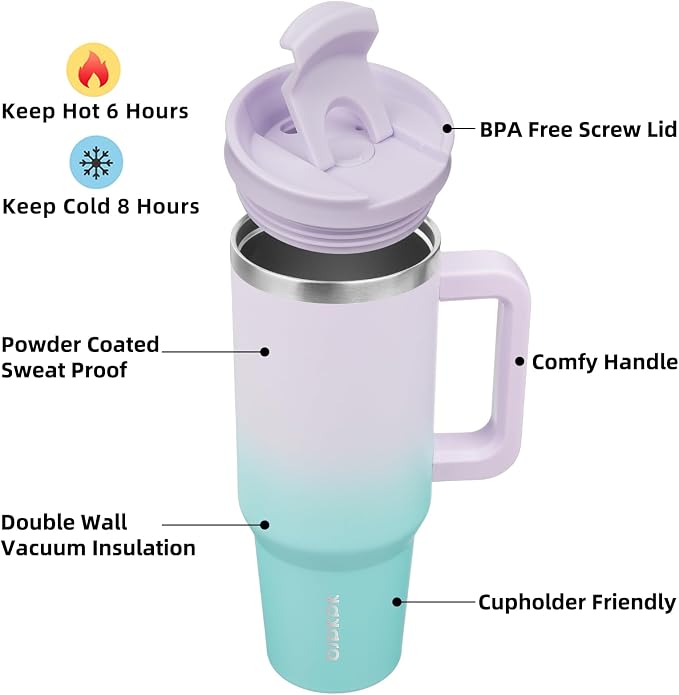 BJPKPK 40 oz Insulated Tumbler with Handle & Straw, Stainless Steel | Double Wall Vacuum Insulation, Leak Proof, BPA Free, Dishwasher Safe, Cupholder Friendly, Travel & Outdoor, Lavender Green - Image 2