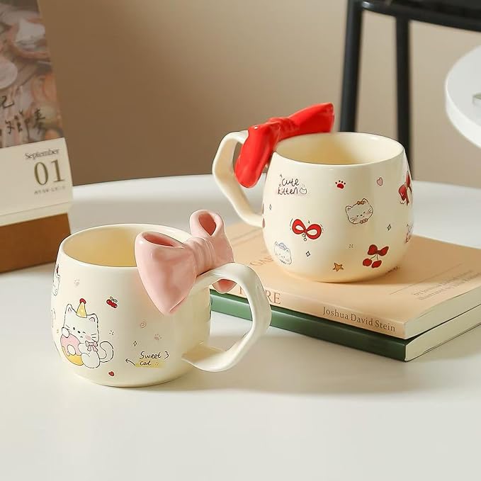 DTIUYIOP-Kawaii White Cute Cat Ceramic Coffee Mug with 3D Pink Bow & Bow Spoon, Curved Large Handle Kitty Tea Cup, Cute Aesthetic Gift for Girls Women Cat Lovers Birthday Christmas - Image 5