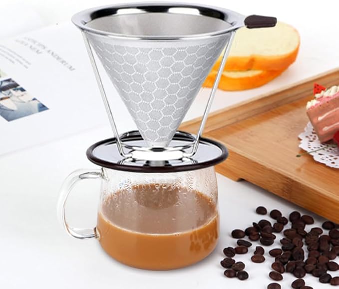 Pour Over Coffee Dripper, Stainless Steel Metal Cone Coffee Filter Single Cup Coffe-e Maker with Non-slip Cups Stand, Reusable Paperless Dripper for Medium Grind Coffe-e, Optimize Extraction(Silver)