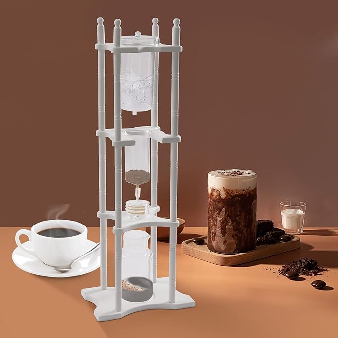 Cold Brew Drip Coffee Pot, Tower Cold Brew Coffee Machine, Glass Wooden Stand Ice Coffee Machine With Slow Drip Technology for Commercial Office 25 Cups White