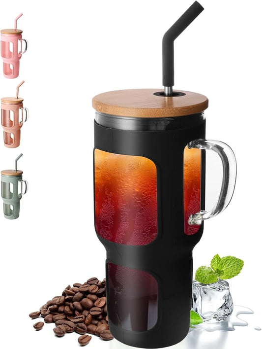 COMOOO 40oz Glass Tumbler with Bamboo Lid and Straw, Glass Water Cup with Handle, Iced Coffee Drinking Cup with Silicone Sleeve, Glass Tumbler Dishwasher Safe, Cup Holder Friendly, Black