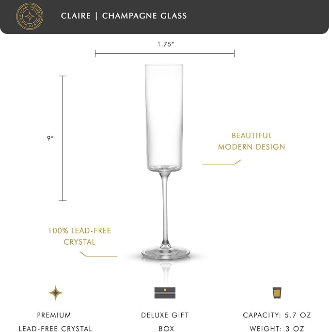 JoyJolt Champagne Flutes, Claire Collection Crystal Champagne Glasses Set of 2, 5.7 Ounce Capacity, Exquisite Craftsmanship, Ideal for Home Bar, Special Occasions – Made in Europe - Image 2