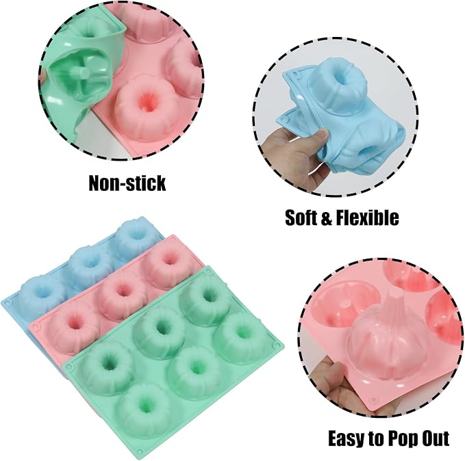 3 Pcs Mini Fluted Tube Cake Pan, 6-Cavity Silicone Non-Stick Small Cake Baking Mold for Cupcakes Cornbread Brownies Donuts Jello(Style1) - Image 3
