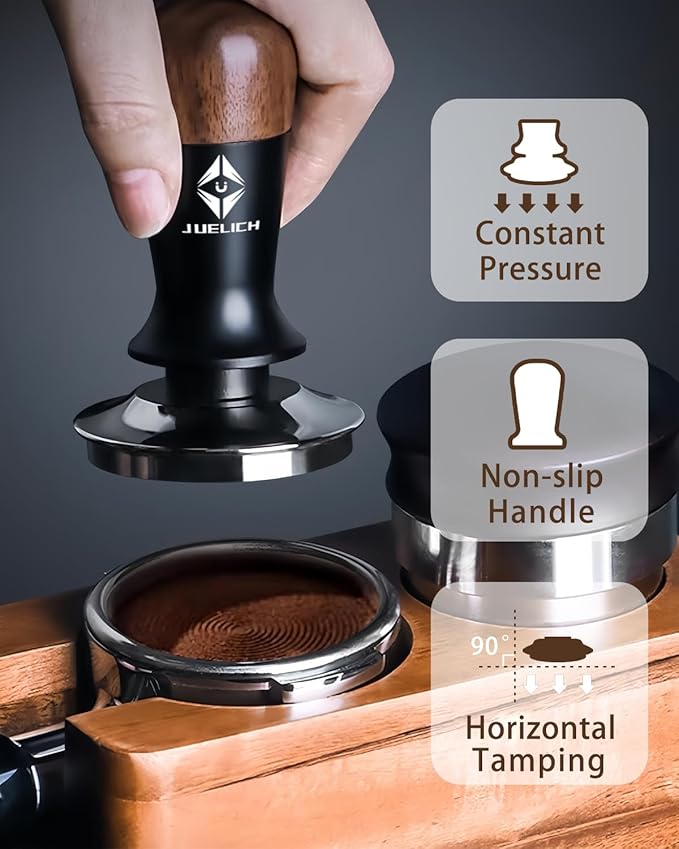58mm Espresso Tamper with Wooden Handle – Spring-Loaded Coffee Distributor for Even Coffee Grounds – Barista Hand Tool, Stainless Steel Coffee Leveling Tool, Classic Coffee Accessories (58mm)