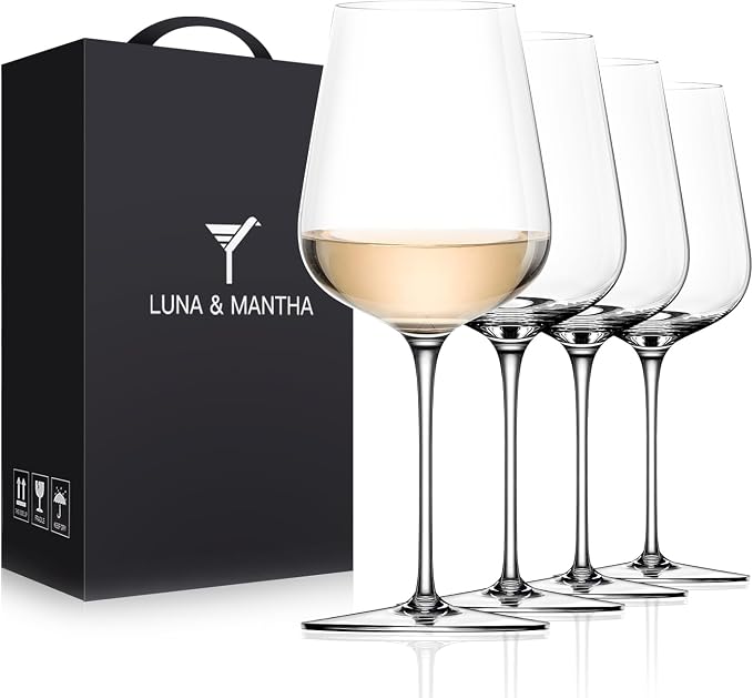 White Wine Glasses Set of 4, 14oz Crystal Hand Blown, Long Stem, Gift | Stemmed Red Wine Glass, Modern, Father's Day, Wedding, Anniversary, Birthday, Daily by LUNAMANTHA