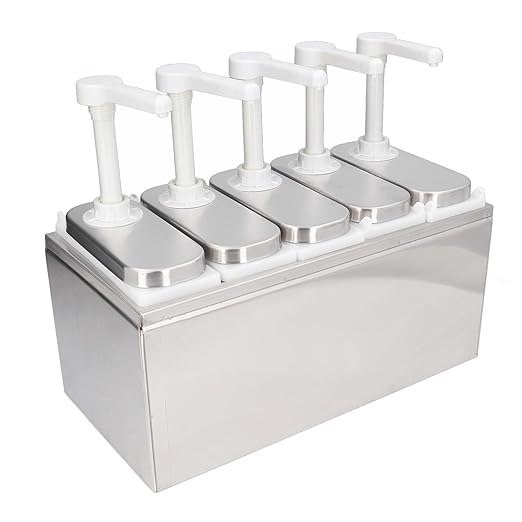 Condiment Pump Dispenser, 1L Single Jars Stainless Steel Sauce Dispenser Pump Ketchup Pump Dispenser Davinci Syrup Sauce Pump Container Salad Pump Container (5 Pumps)