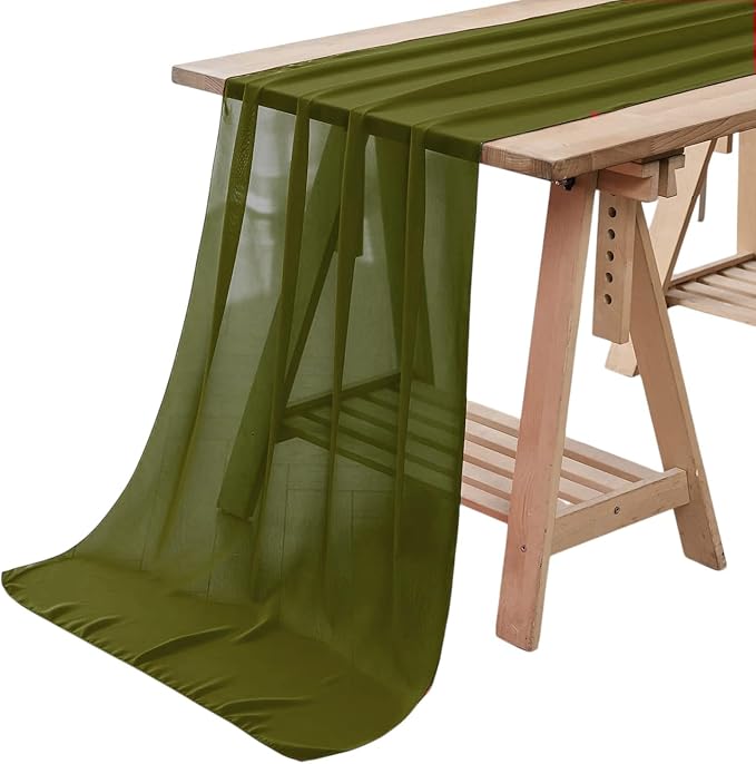 Pack of 25 | Olive Green | 10ft Chiffon Table Runner 29x120 Inches Long Romantic Rustic Sheer Gauze Runner for Wedding Bridal Shower Birthday Banquets Engagement Spring Easter Boho Decorations - Image 8