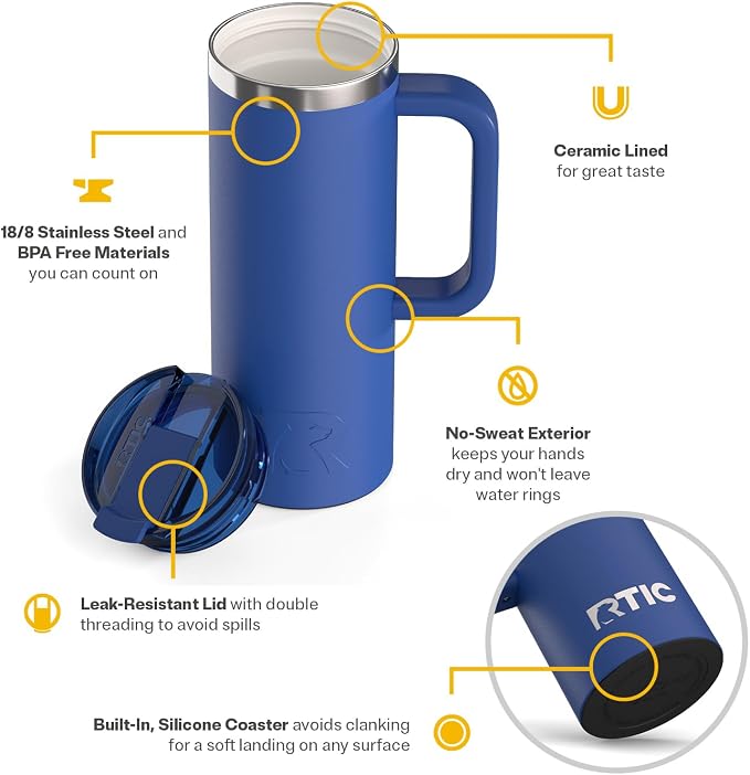 RTIC 20oz Road Trip Travel Mug with Lid and Handle, Ceramic Lined, Cobalt | Stainless Steel Metal, Insulated Travel Cup for Hot and Cold Drinks, Coffee, Car, Camping and Travel - Image 3