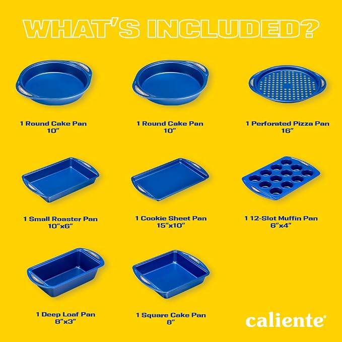 Caliente Nonstick Bakeware Set of 8 | Premium Baking Sheets, Loaf & Bread Baking Pans, Pizza, Roasting & Cake Pans | Durable Carbon Steel Baking Set | Housewarming, Wedding, Chefs & Bakers Gift - Image 2