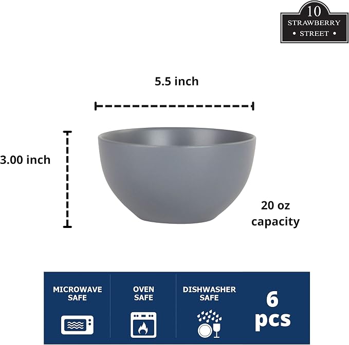 10 Strawberry Street Wazee Matte 5.5"/16oz Cereal Bowl, Set of 6, Charcoal Gray - Image 2