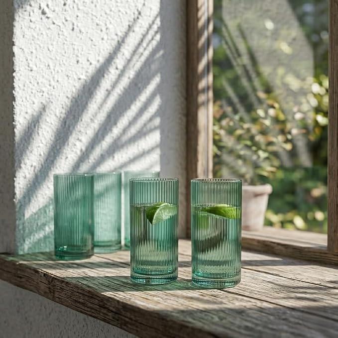 Physkoa Sage Green Ribbed Drinking Glasses Set of 6 – Vintage Embossed Highball Glassware, Thick Durable Tumbler Cups for Water, Juice, Cocktails, Iced Coffee, Kitchen Bar Gift Set - Image 2