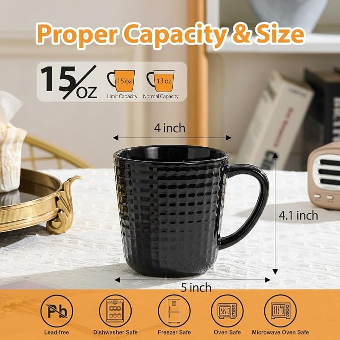 14 oz Ceramic Coffee Mugs Set of 4, Black Coffee Cups with Handle | Coffee Mug for Office & Home, Latte Cocoa, Lead-Free, Wedding & Housewarming Gift, Microwave & Dishwasher Safe - Image 2