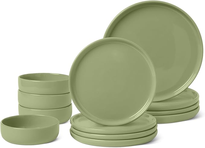 Amazon Basics Glazed Stoneware Dinnerware, 12-Piece Set, 4 Full Place Settings, Microwave and Dishwasher-Safe, Olive by AmazonBasics