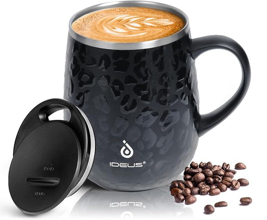 Ideus 16 oz (470 ml) Insulated Coffee Mug with Handle and Lid, Double Wall Stainless Steel Vacuum Thermal Coffee Mug, Travel Coffee Cup Thermal Cup for Home and Office, Leopard Black by IDEUS