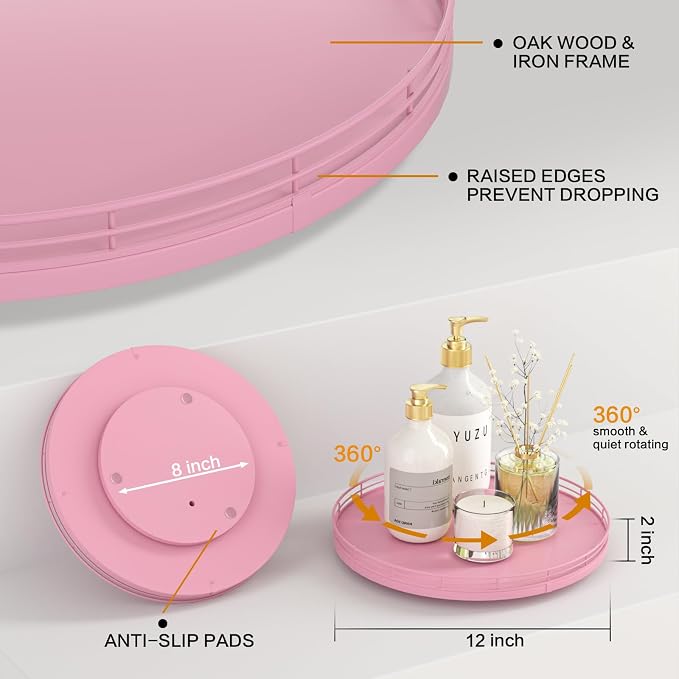Oroyutor 12-Inch Oak Lazy Susan Vanity Tray, Pink Finish | Rotating oak tray organizes spices, toiletries and decor on kitchen counters, bathroom vanities, dining and coffee tables. - Image 6
