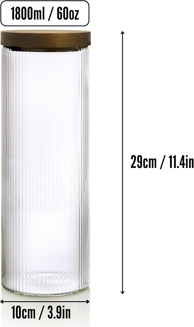 Mason & Fable Ribbed Glass Canisters or Spaghetti Jars with Airtight Wood Lid- Tall Storage Containers for Pasta, Cereal or Flour -Ideal for Kitchen/Pantry Organization - 60 fl.oz, Set of 2 - Image 3