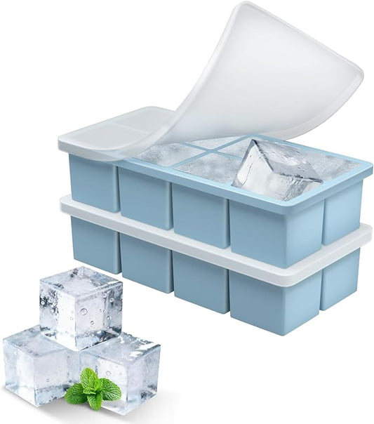 Large Ice Cube Molds, 2 Pack Easy Release Ice Trays for Freezer with Lid, Stackable Square Big Silicone Ice Cube Tray BPA Free Slow Melting for Bourbon Whiskey, Cocktails, Iced Coffee （Blue）