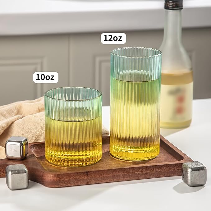 Ribbed Drinking Glasses 8pcs, 12oz and 10oz Glassware, Tumbler Glasses Cup Set for Wedding, Party, Christmas Gift, Golden Green - Image 5