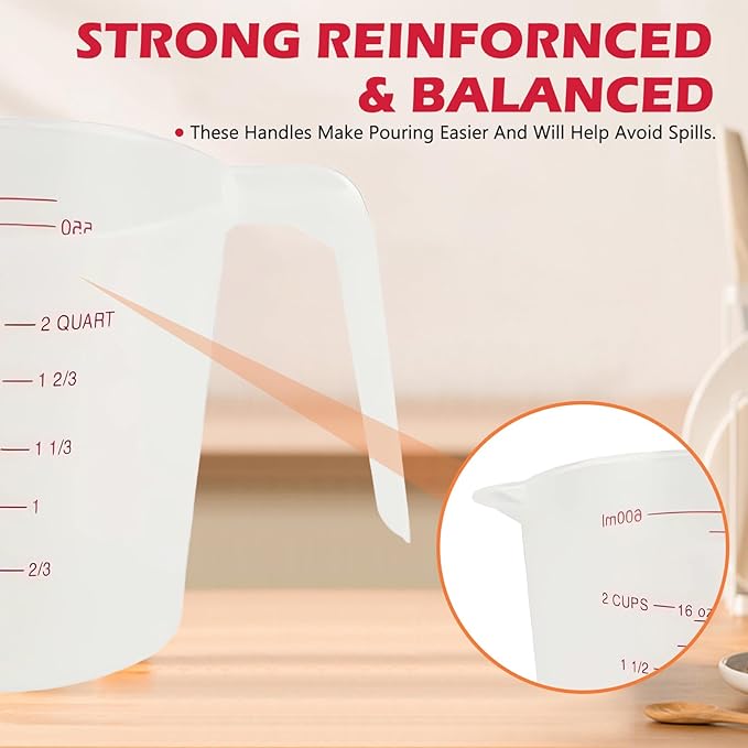 8 Pcs 2 Cup Capacity Plastic Measuring Cup, 16 Oz/500 ml Clear Graduated Measuring Cups Plastic Mug with Spout and Handles Ounce and Ml Cup Marking for Recipe Ingredient, Flour, Water, Liquid