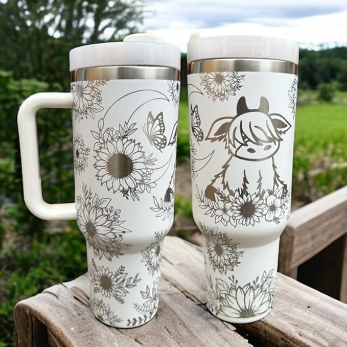 Western Engraved 40oz Tumbler, Tumbler with handle, Cowgirl Tumbler, Country Mug with Handle (White-Baby highland cow(B33))