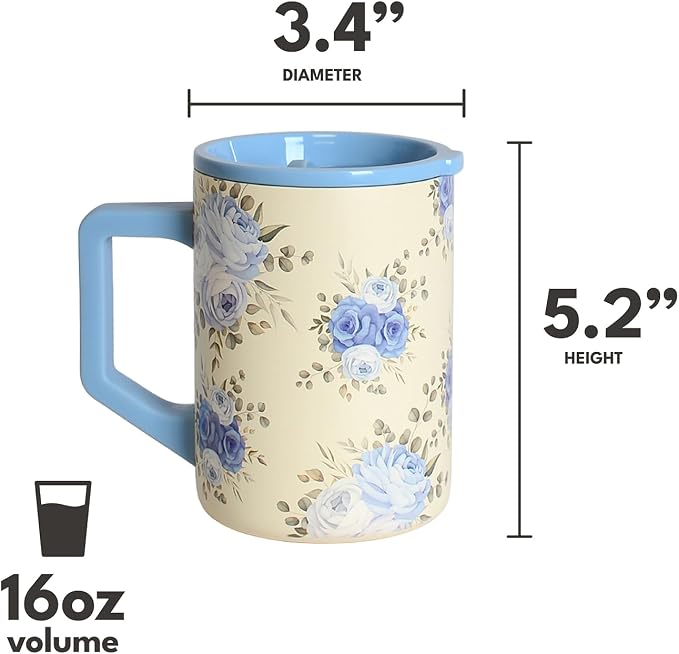 Elemental Insulated Coffee Mug - Triple-Wall Stainless Steel Summit Travel Cup for Hot and Cold Drinks - Thermal Coffee Mug with Lid and Handle for Camping, Office & Travel 16oz - Blue Blooms - Image 2