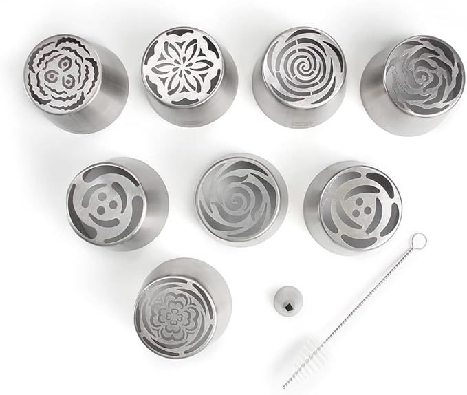 8 Pieces Stainless Steel Extra Large Russian Piping Tips Set,Flower Icing Nozzles with 1 Cleaning Brush,1 Small Leaf Icing Tip for Making Marshmallows,Cupcakes Bouquet,Buttercream Baking Tools