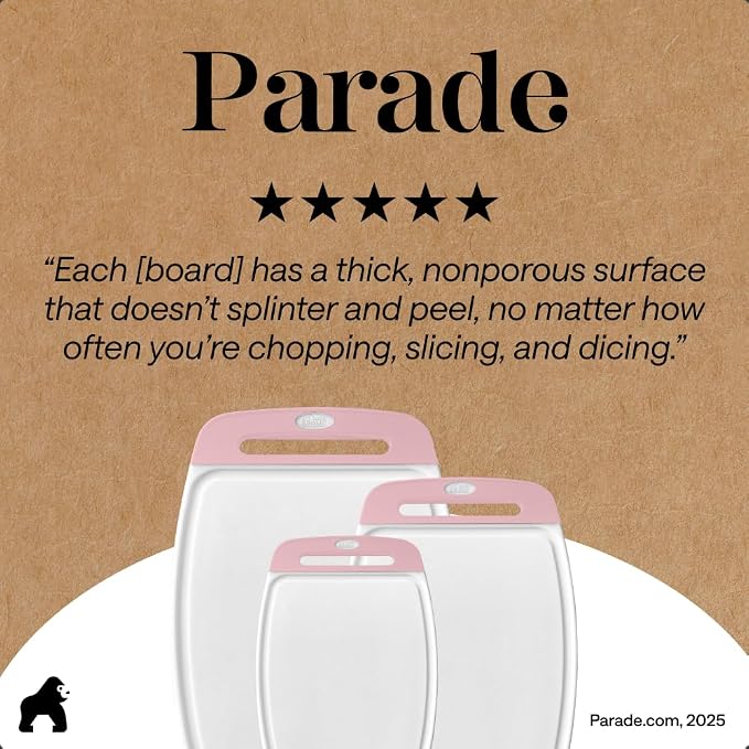 GORILLA GRIP BPA-Free Reversible Kitchen Cutting Board Set of 3, US Designed, Nonporous, Juice Grooves Catch Liquid, Slip Resistant Border, Dishwasher Safe, Durable Large Food Chopping Boards, Pink - Image 9