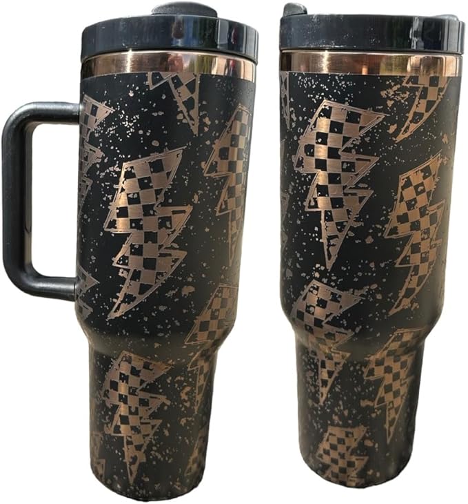 Tumbler, 40oz Tumbler, Western Tumbler, Engraved Cup with Handle, Cute Coffee Mug, 40oz Coffee Mug (Black/Rose gold- Lighting)