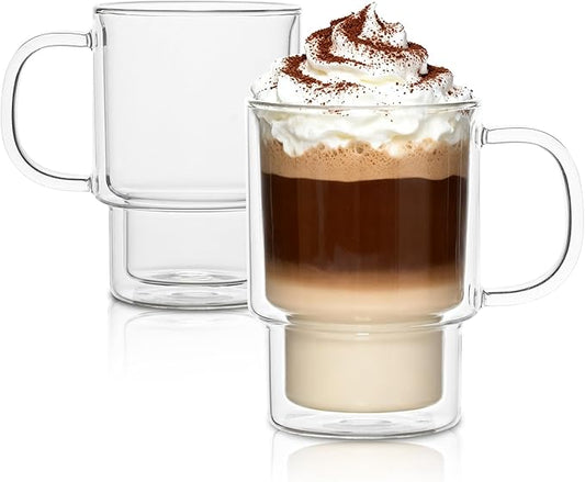 INSETLAN 16oz Double Wall Glass Coffee Mugs Set of 2, Insulated Borosilicate Cups with Handles, Clear Heat Resistant Glasses Mugs for Hot Beverages, Cappuccino, Espresso, Latte, Tea