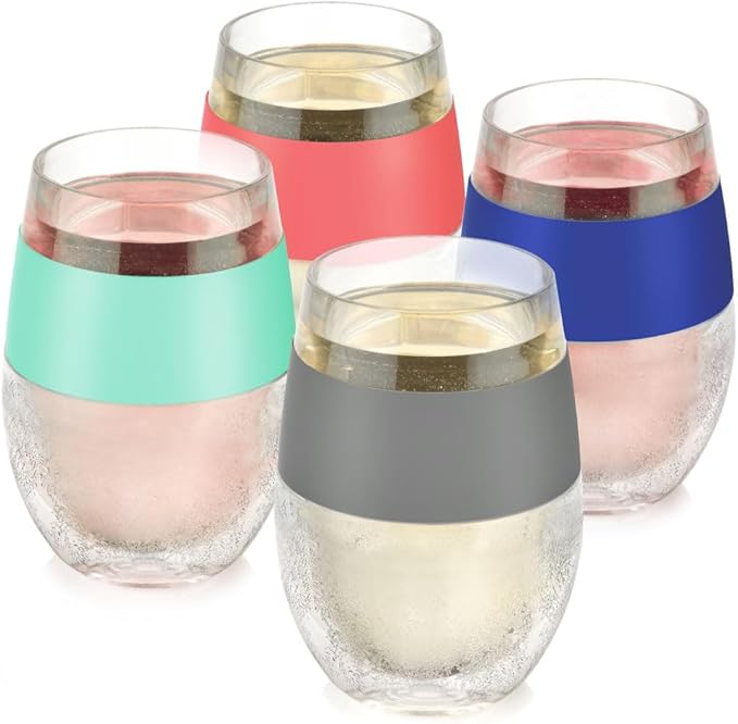 HOST Cooling Cup Set of 4 Plastic Double Wall Insulated Freezable Drink Chilling Tumbler with Freezing Gel, Wine Glasses for Red and White Wine, 8.5 oz, Assorted Colors