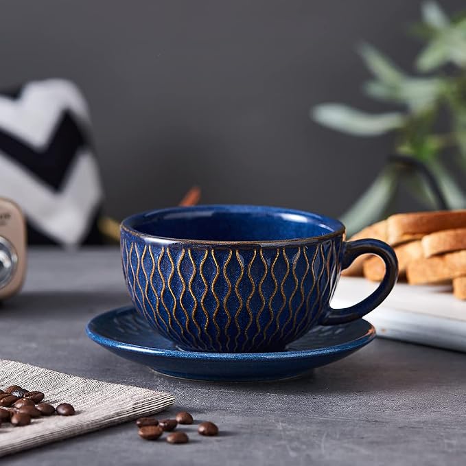 Coffeezone Vintage Design 12 oz Ceramic Latte Art Cappuccino Barista Cup with Saucer (Embossed Blue) - Image 6