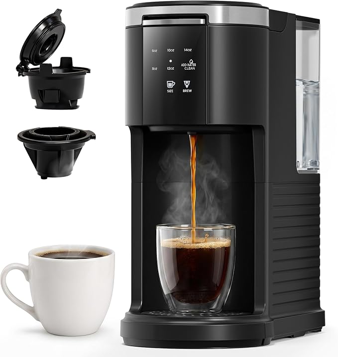 WAA Single Serve Coffee Maker for Capsule & Ground Coffee | Fast Coffee Machine with Memory Function, 6 to 14 oz Brew Sizes, 40 oz Removable Water Tank for Home/Office/RV, Black by waasmallappliancekingdom