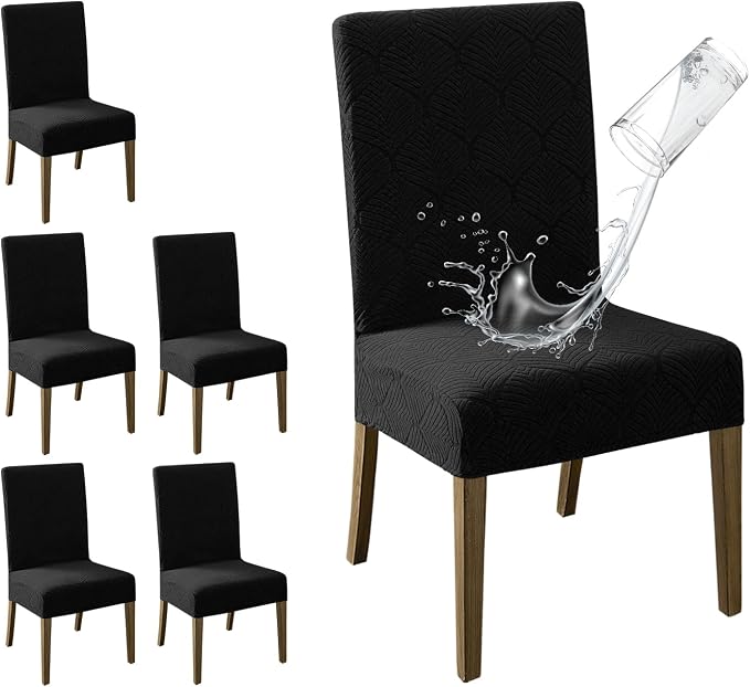 MOSAYT 100% Waterproof Dining Room Chair Covers Set of 6, Super Fit Stretch Jacquard Parson Chairs Slipcovers Removable Washable Chair Seat Protectors for Home, Kitchen, Banquet (Black - XL) by MOSAYT