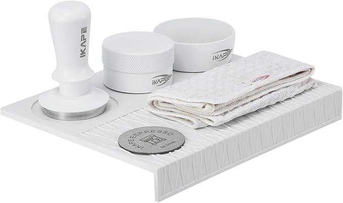 IKAPE 51MM Coffee Tamper Set White 6 IN 1, Espresso Tamper Kit, Espresso Accessories Kit with Tamper, Distributor, Magnetic Dosing Funnel, Silicone Mat, Bar Cleaning Towel