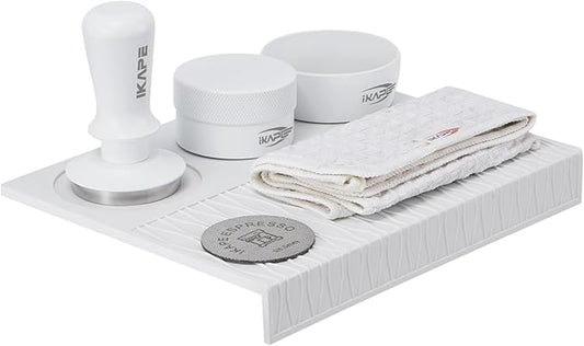 IKAPE 51MM Coffee Tamper Set White 6 IN 1, Espresso Tamper Kit, Espresso Accessories Kit with Tamper, Distributor, Magnetic Dosing Funnel, Silicone Mat, Bar Cleaning Towel