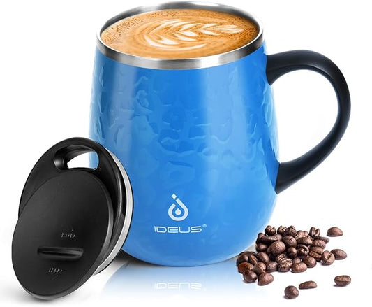 Ideus 16 oz (470 ml) Insulated Coffee Mug with Handle and Lid, Double Wall Stainless Steel Vacuum Thermal Coffee Mug, Travel Coffee Cup Thermal Cup for Home and Office (Leopard Blue) by IDEUS