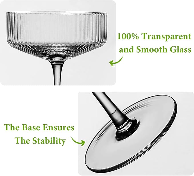 Qipecedm® 4 Pcs Ribbed Coupe Glasses, 10 oz Vintage Coupe Glass Set, Unique Martini Glass, Classic Cocktail Galssware, Bar Drinking Glasses Set Pefect for Cocktail, Wine, Champagne & Gift - Image 7