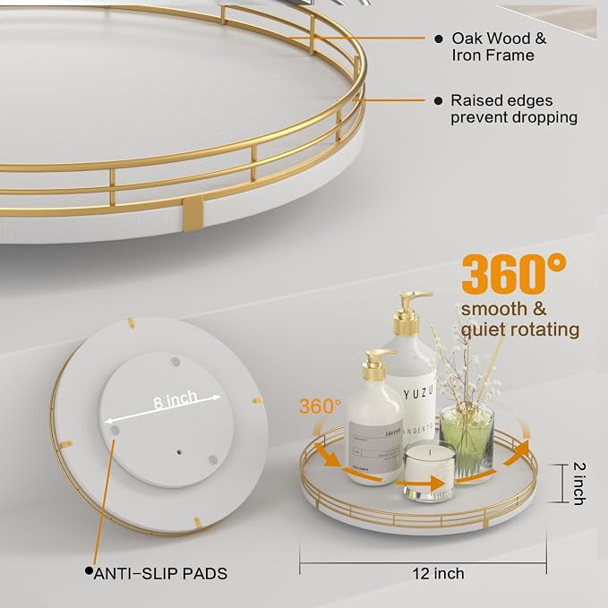 Oroyutor 12-Inch White Wooden Lazy Susan Spice Organizer with Gold Rail | Rotating oak tray organizes spices, toiletries and decor on kitchen counters, bathroom vanities, dining and coffee tables. - Image 5