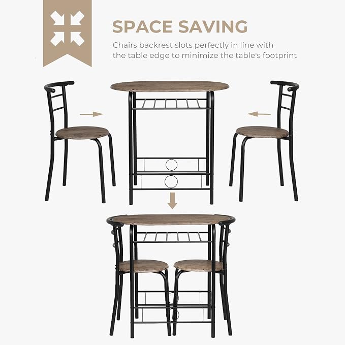 VINGLI 3 Piece Dining Set,Small Kitchen Table Set for 2,Breakfast Table Set for 2,Kitchen Wooden Table and 2 Chairs for Small Space/Dining Room/Apartment,Metal Frame,Wine Rack,Rustic - Image 5