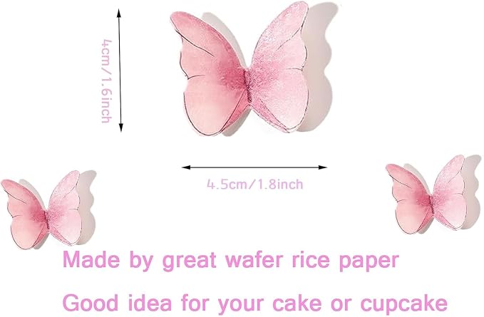 YOcity 48Pcs Edible Butterflies Cake Cupcake Toppers Pink Wafer Paper Butterfly Cake Decorations for Wedding Birthday Party Cupcakes Decorating Pink - Image 3