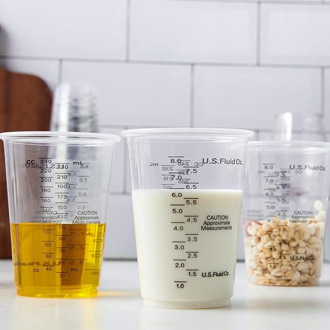 200 PACK Plastic Measuring Cups, 8 oz Disposable Mixing Cups with 100 Wooden Mixing Sticks, Can Be Used for Epoxy Resin, Liquid Measuring, Paint, Cooking and Baking