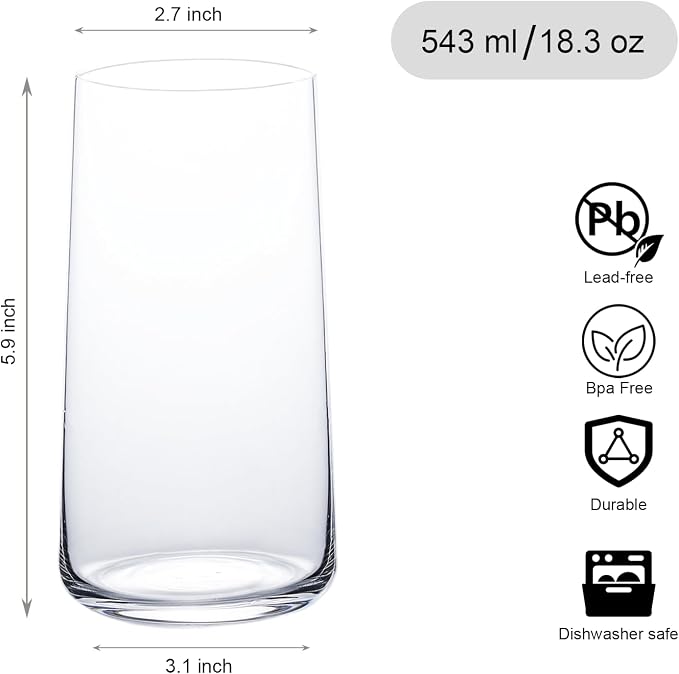 Wlasss Drinking Glasses Set of 6, 18.3 oz Large Crystal Glasses | Lightweight Crystal Water Glasses, Ideal For Juice, Iced Tea, Mojito & Daily Use, Dishwasher Safe Glass Cup For Gift - Image 3
