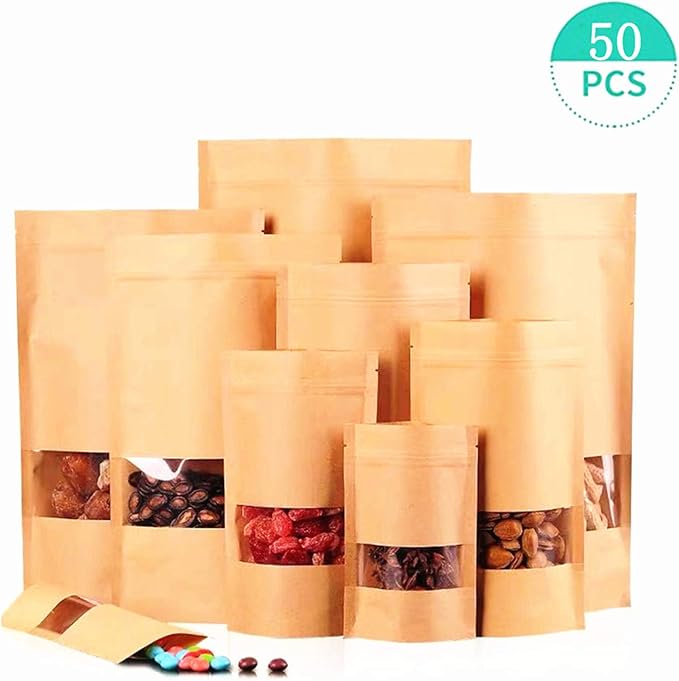 Kraft Heat Sealable Stand Up food Pouches Paper Mylar Bags With Clear Window And Zipper, Heavy Duty Decorative Resealable Recycled For DIY Homemade Chips Candy Cookies Christmas (50pcs 6x9+3.2 inch) - Image 6