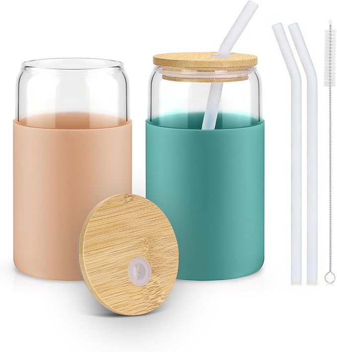Glass Cups with Lids and Straws, 2 Pack 16OZ Iced Coffee Cups with Silicone Sleeve, Glass Tumbler with Straw and Bamboo Lid, Home Essential Drinking Set for Juice, Cocktail and Latte Khaki&Green by sungwoo