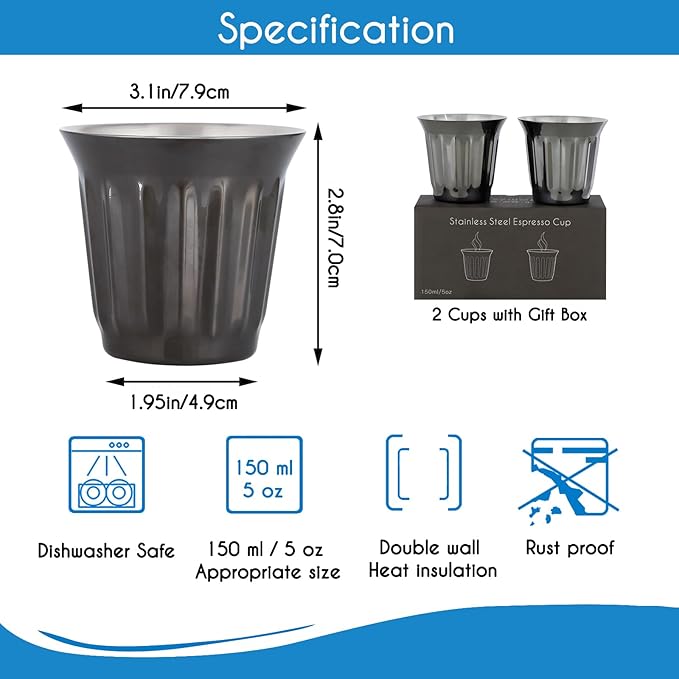 Easyworkz Stainless Steel Double-Wall Espresso Cups 5 oz Set of 2, Vertical Stripe Design, Gunmetal