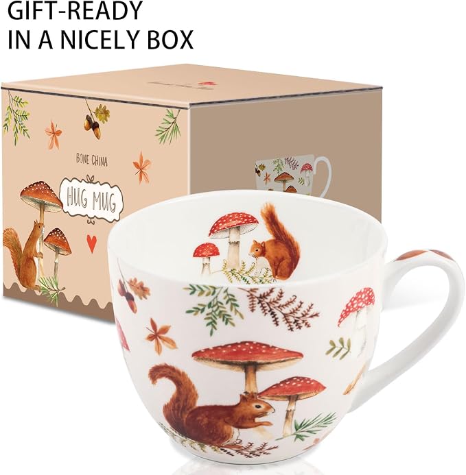 Autumn Squirrel Hug Mug – 20oz Bone China Coffee Mug, Cozy Fall Mushroom Forest Design, Gift for Nature Lovers and Friends, Designed in England by Harvest Green Studio - Image 3