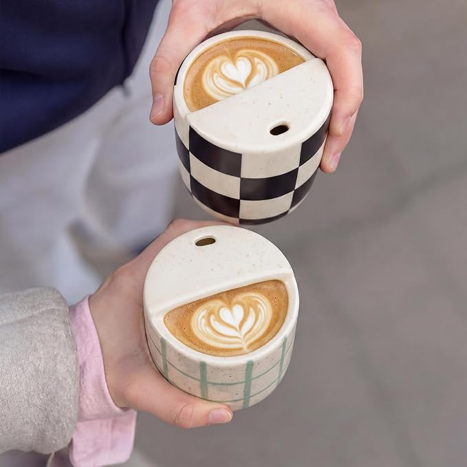 Ceramic Mug with Sip Hole 10 oz Novelty Checkered Coffee Mug | Hand Painted, Ceramic Cup, Heat Resistant, Non Slip, Built in One Lid Handcrafted Mugs for Coffee Lovers - Image 7